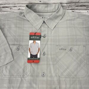 Orvis Tech Shirt Men Medium Gray Short Sleeve Button-Up Wicking Outdoors UPF30